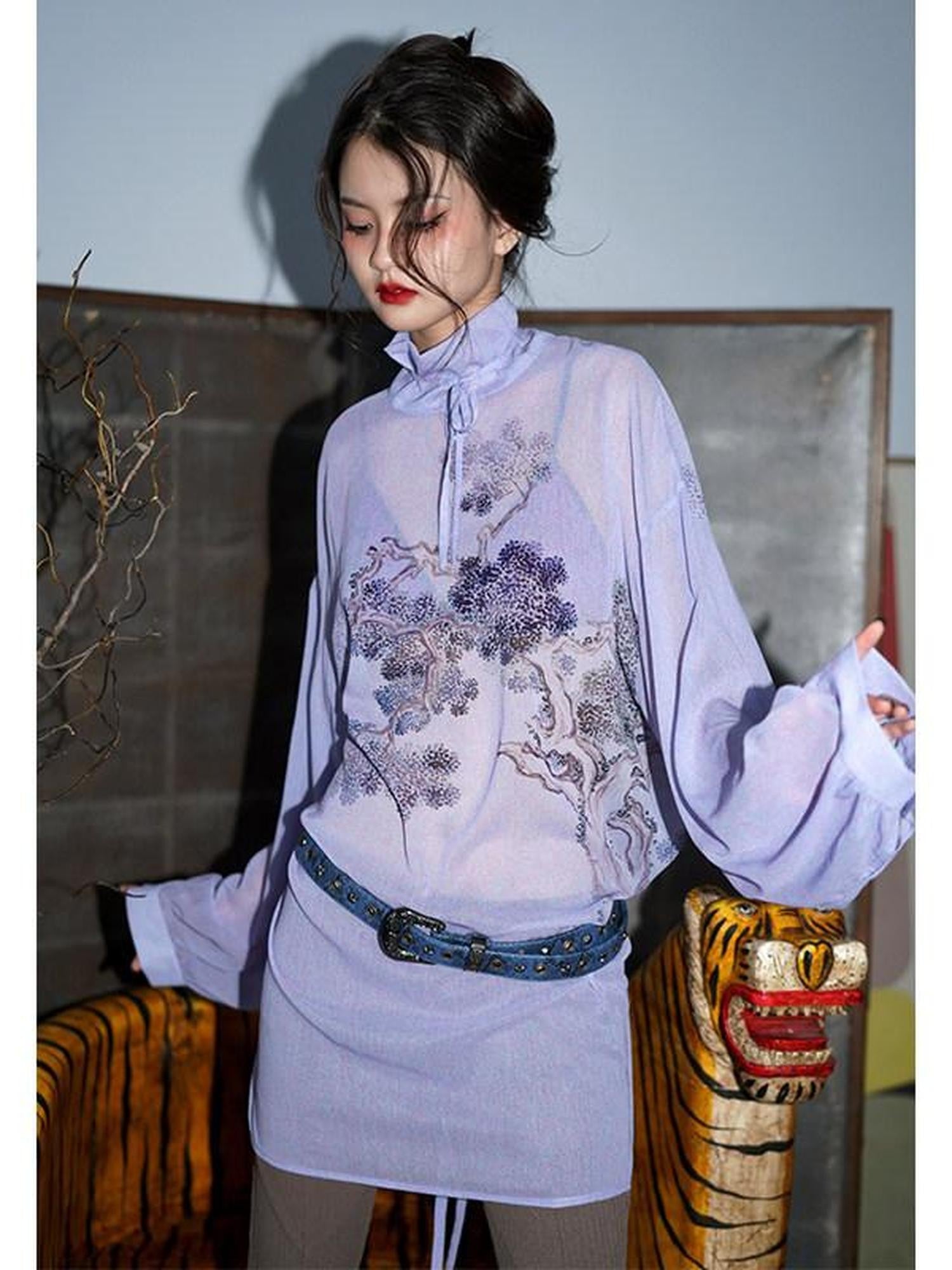 badtaste Lilac Chinese Print Tie Convertible Loose Women's Chiffon Sheer Shirts