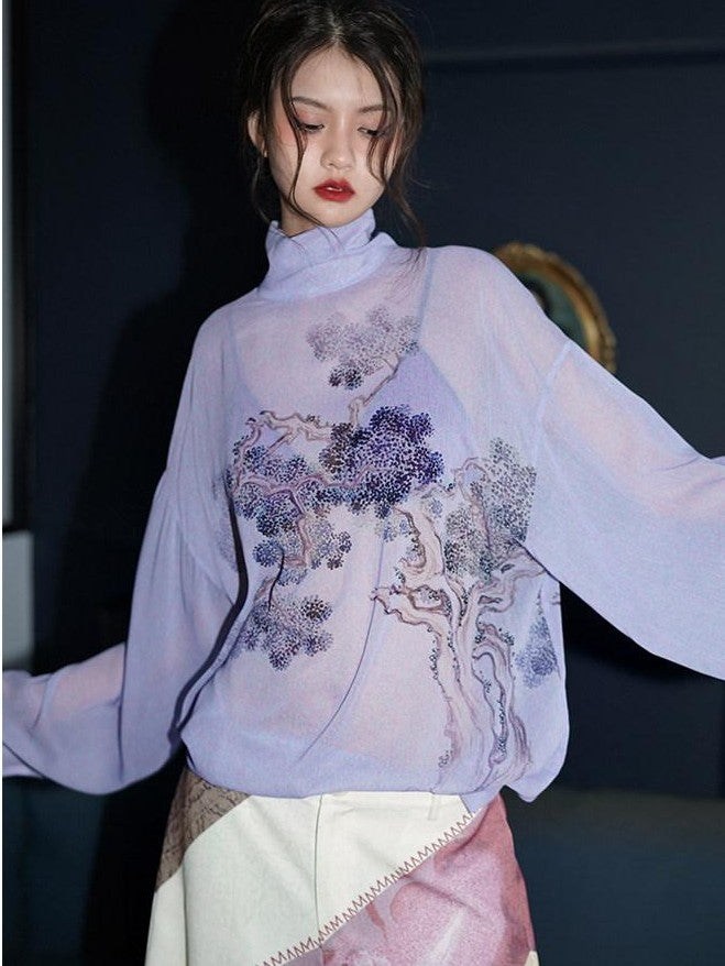 badtaste Lilac Chinese Print Tie Convertible Loose Women's Chiffon Sheer Shirts