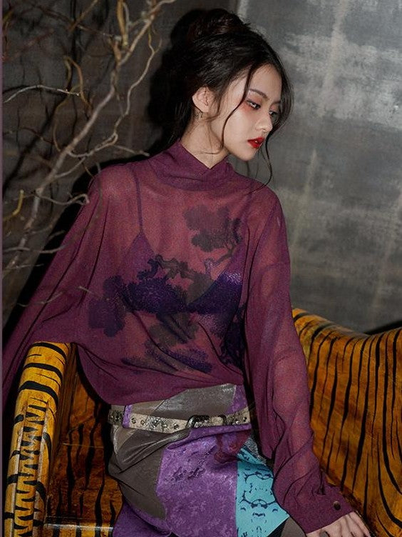 badtaste Lilac Chinese Print Tie Convertible Loose Women's Chiffon Sheer Shirts