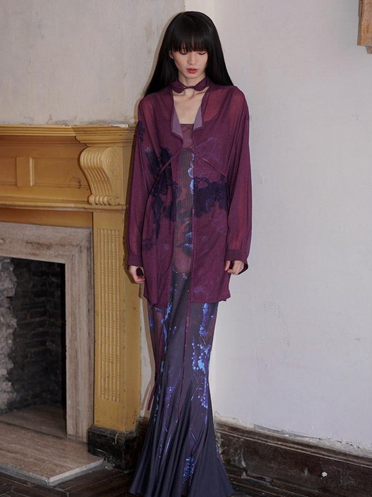 badtaste Lilac Chinese Print Tie Convertible Loose Women's Chiffon Sheer Shirts