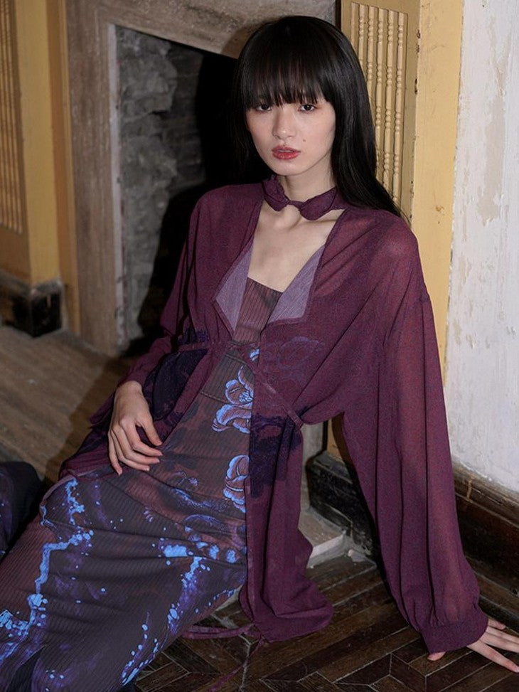 badtaste Lilac Chinese Print Tie Convertible Loose Women's Chiffon Sheer Shirts