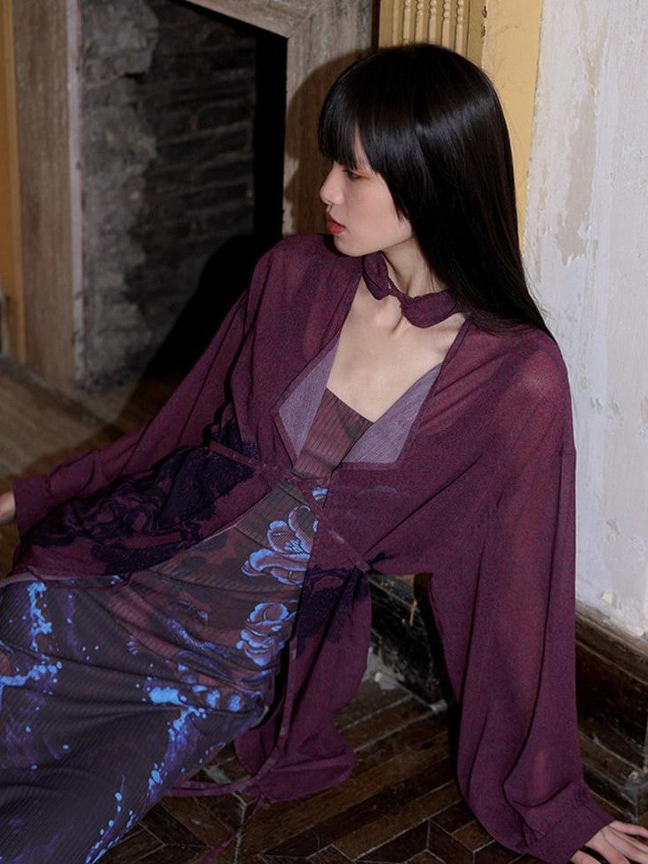 badtaste Lilac Chinese Print Tie Convertible Loose Women's Chiffon Sheer Shirts