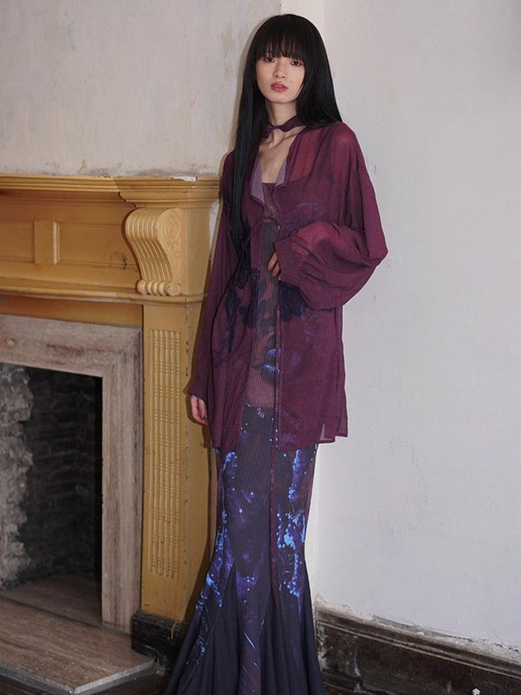 badtaste Lilac Chinese Print Tie Convertible Loose Women's Chiffon Sheer Shirts