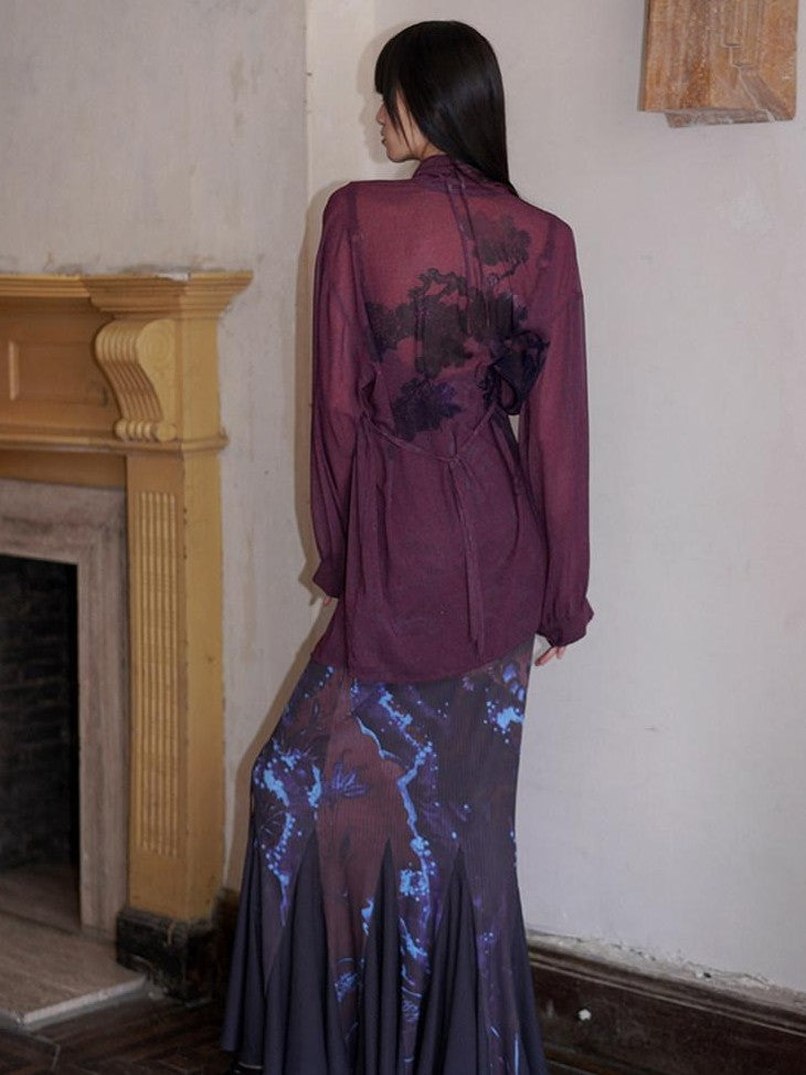 badtaste Lilac Chinese Print Tie Convertible Loose Women's Chiffon Sheer Shirts