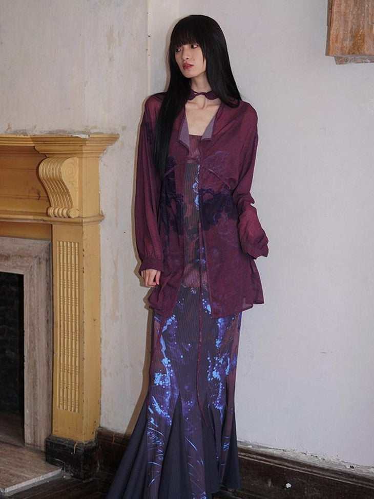 badtaste Lilac Chinese Print Tie Convertible Loose Women's Chiffon Sheer Shirts