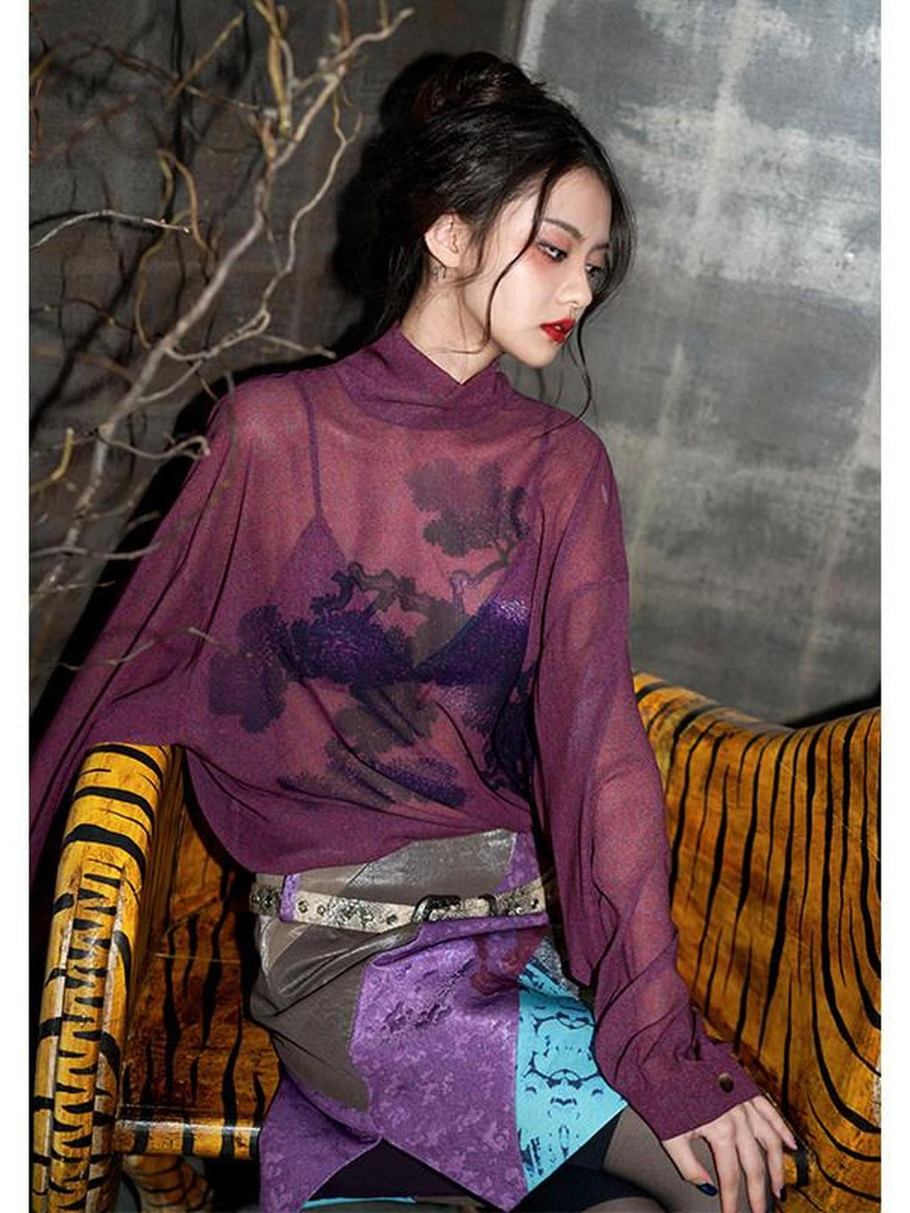 badtaste Lilac Chinese Print Tie Convertible Loose Women's Chiffon Sheer Shirts