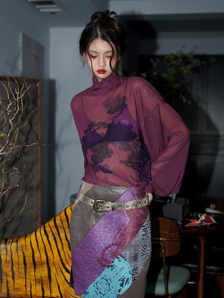 badtaste Lilac Chinese Print Tie Convertible Loose Women's Chiffon Sheer Shirts