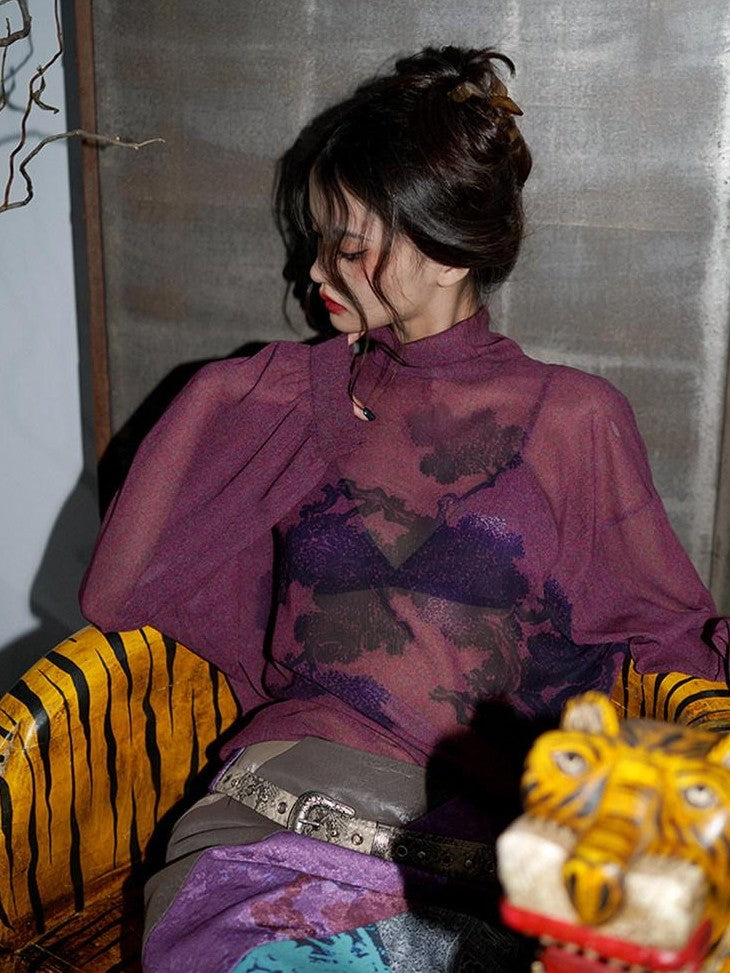 badtaste Lilac Chinese Print Tie Convertible Loose Women's Chiffon Sheer Shirts