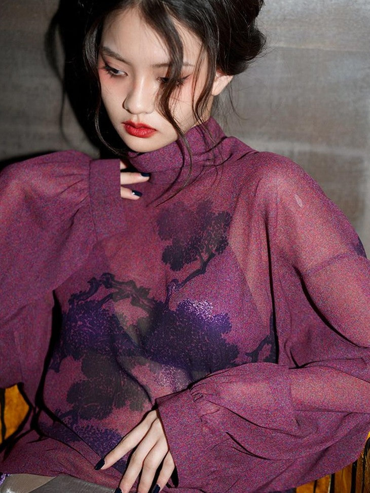 badtaste Lilac Chinese Print Tie Convertible Loose Women's Chiffon Sheer Shirts