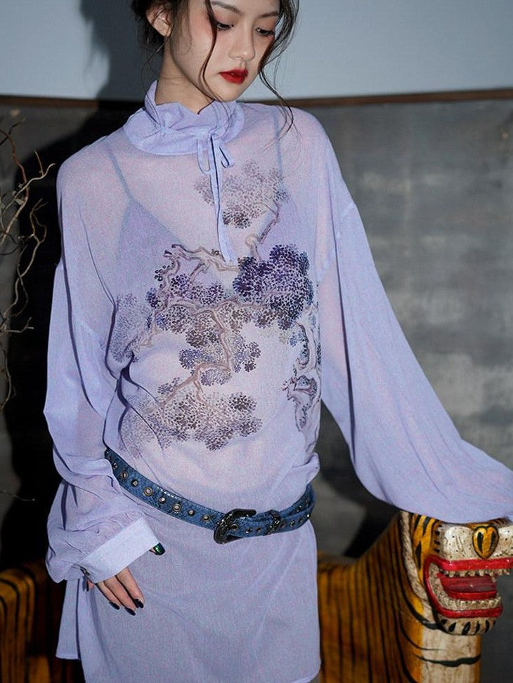 badtaste Lilac Chinese Print Tie Convertible Loose Women's Chiffon Sheer Shirts