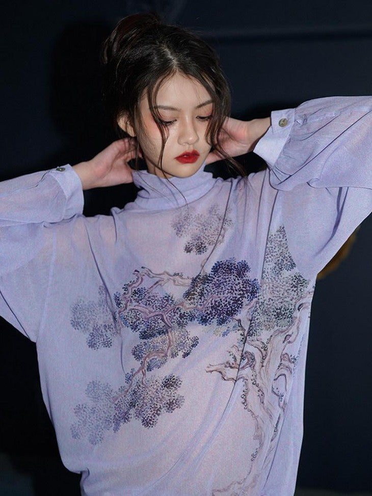 badtaste Lilac Chinese Print Tie Convertible Loose Women's Chiffon Sheer Shirts