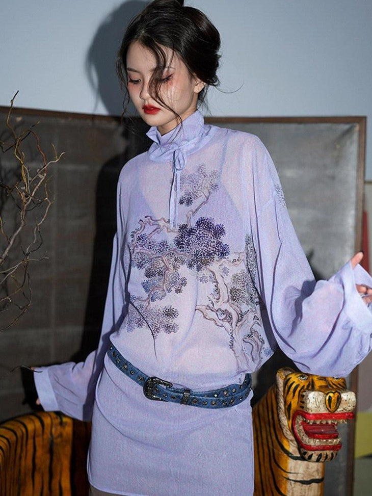 badtaste Lilac Chinese Print Tie Convertible Loose Women's Chiffon Sheer Shirts