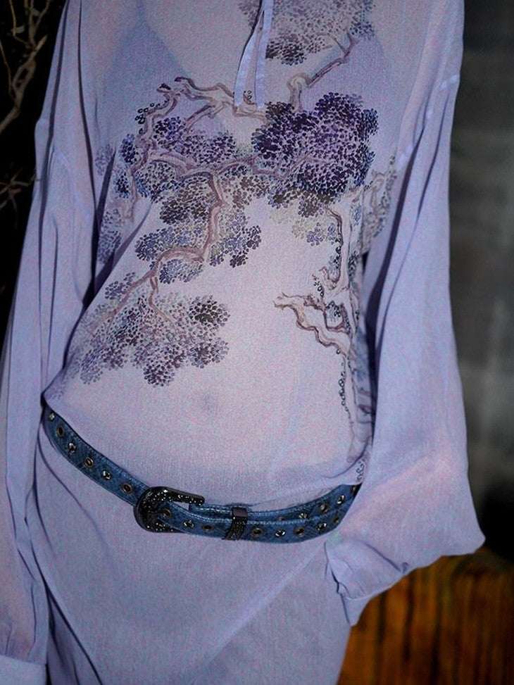badtaste Lilac Chinese Print Tie Convertible Loose Women's Chiffon Sheer Shirts