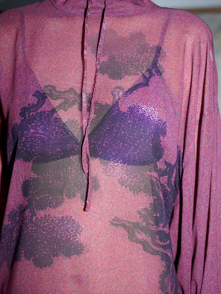 badtaste Lilac Chinese Print Tie Convertible Loose Women's Chiffon Sheer Shirts