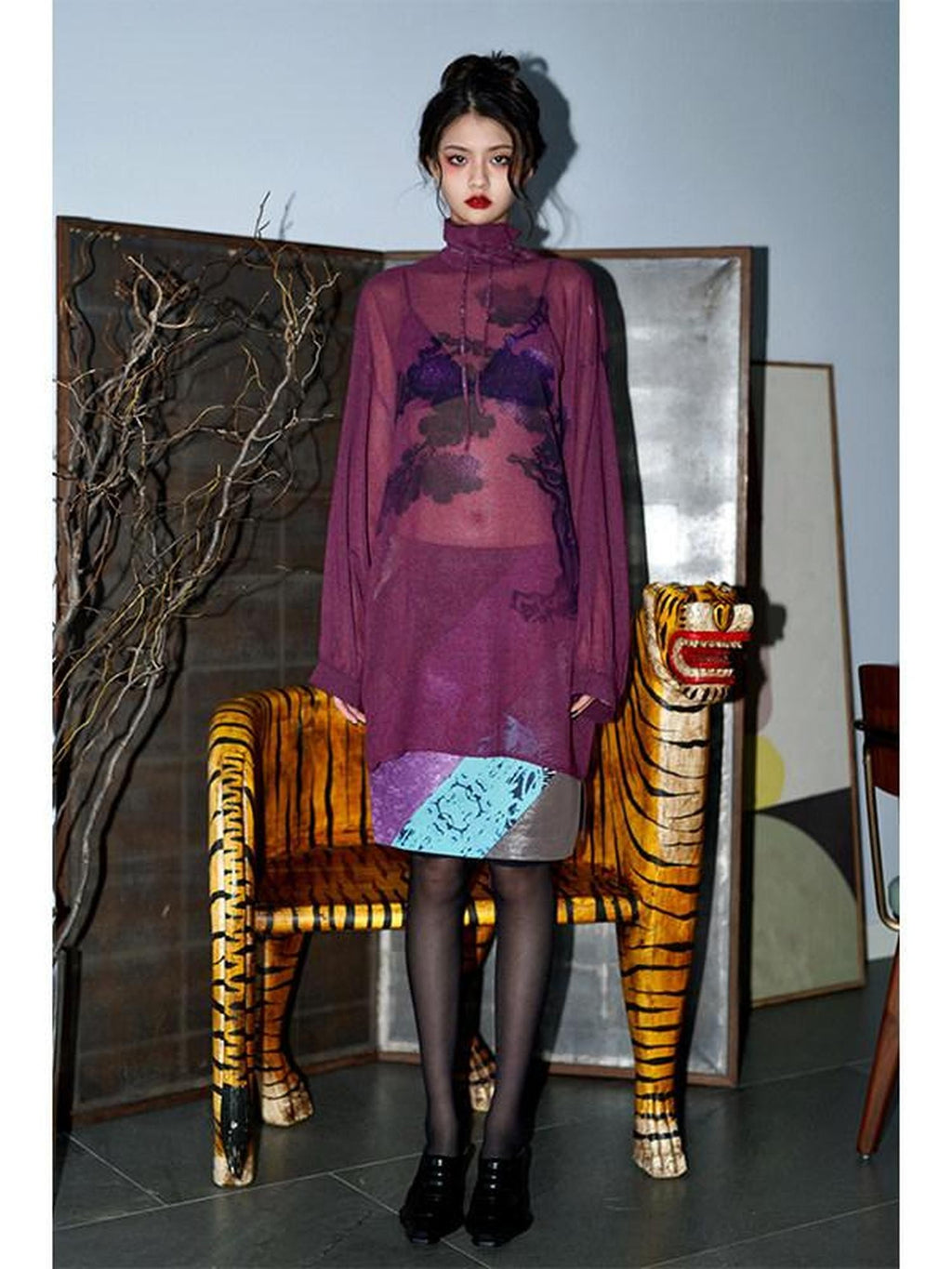 badtaste Lilac Chinese Print Tie Convertible Loose Women's Chiffon Sheer Shirts