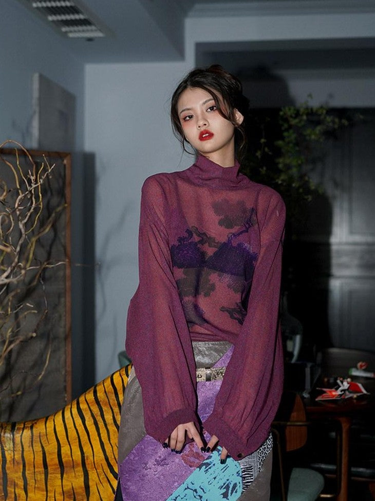 badtaste Lilac Chinese Print Tie Convertible Loose Women's Chiffon Sheer Shirts