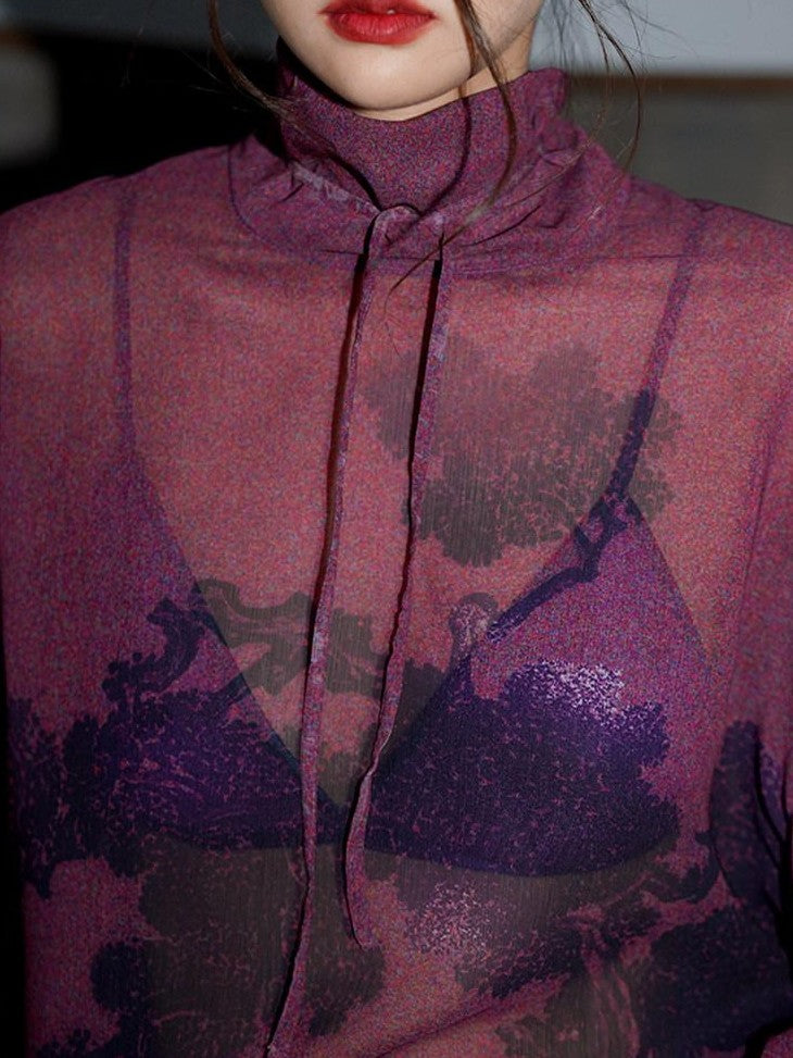 badtaste Lilac Chinese Print Tie Convertible Loose Women's Chiffon Sheer Shirts