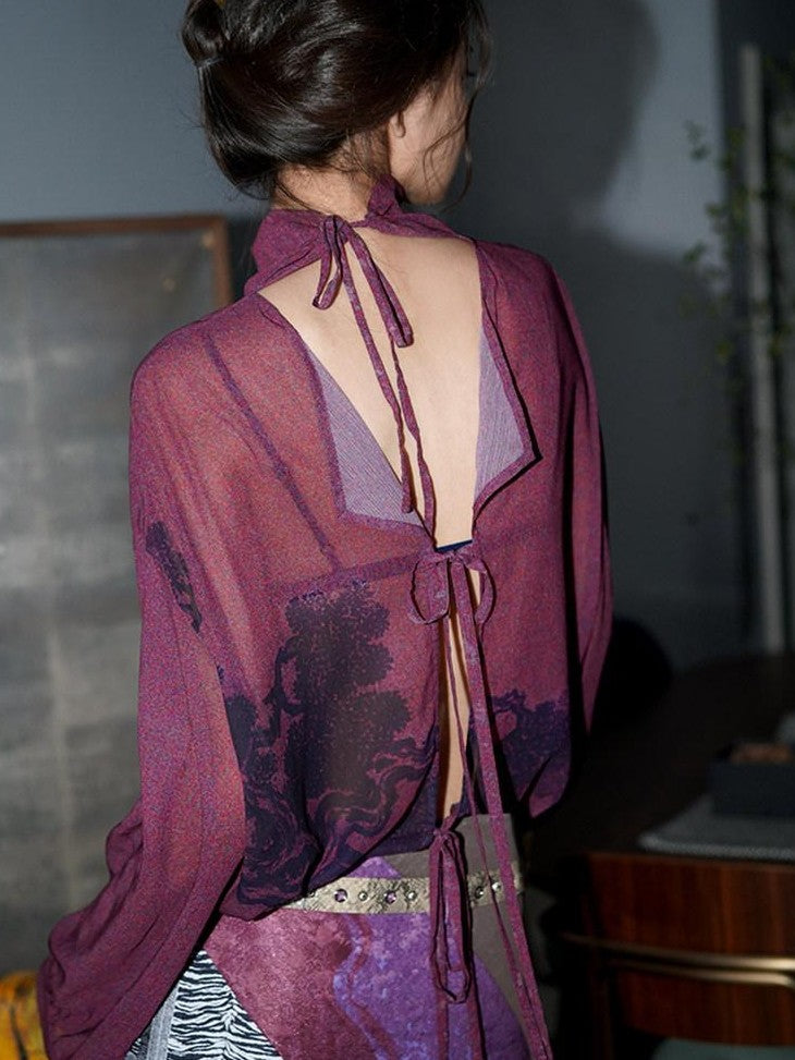 badtaste Lilac Chinese Print Tie Convertible Loose Women's Chiffon Sheer Shirts