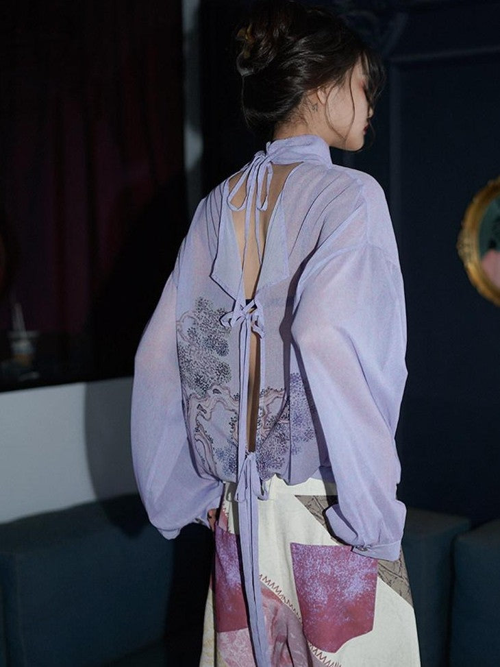 badtaste Lilac Chinese Print Tie Convertible Loose Women's Chiffon Sheer Shirts