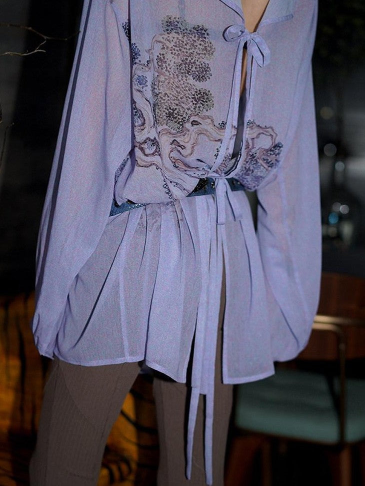 badtaste Lilac Chinese Print Tie Convertible Loose Women's Chiffon Sheer Shirts