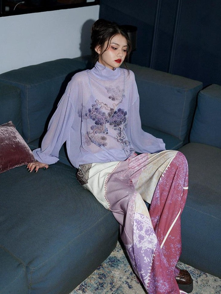 badtaste Lilac Chinese Print Tie Convertible Loose Women's Chiffon Sheer Shirts