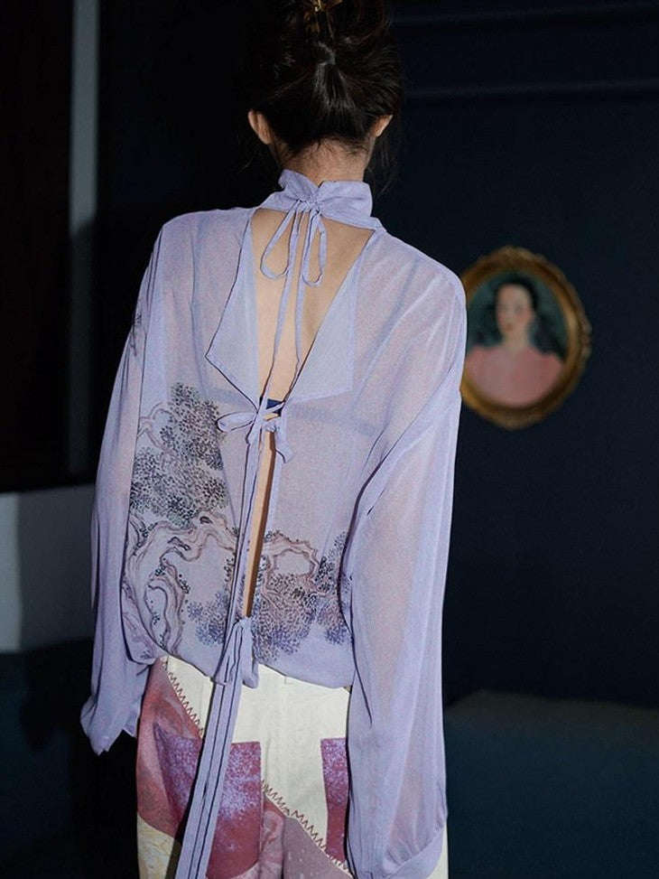 badtaste Lilac Chinese Print Tie Convertible Loose Women's Chiffon Sheer Shirts
