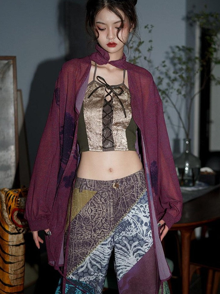 badtaste Lilac Chinese Print Tie Convertible Loose Women's Chiffon Sheer Shirts