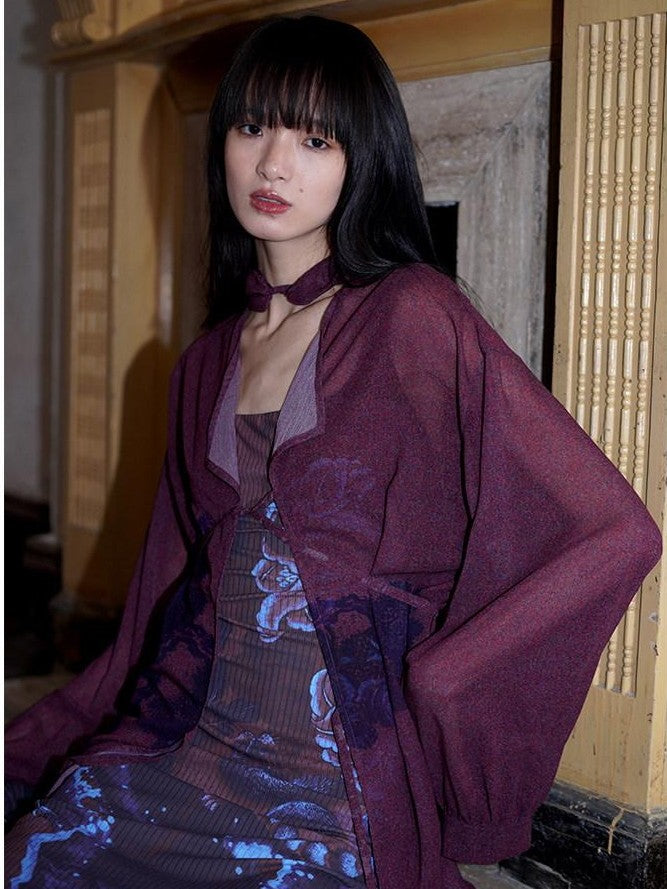 badtaste Lilac Chinese Print Tie Convertible Loose Women's Chiffon Sheer Shirts