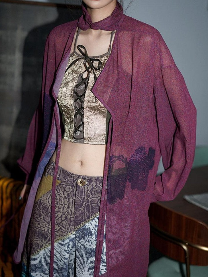 badtaste Lilac Chinese Print Tie Convertible Loose Women's Chiffon Sheer Shirts