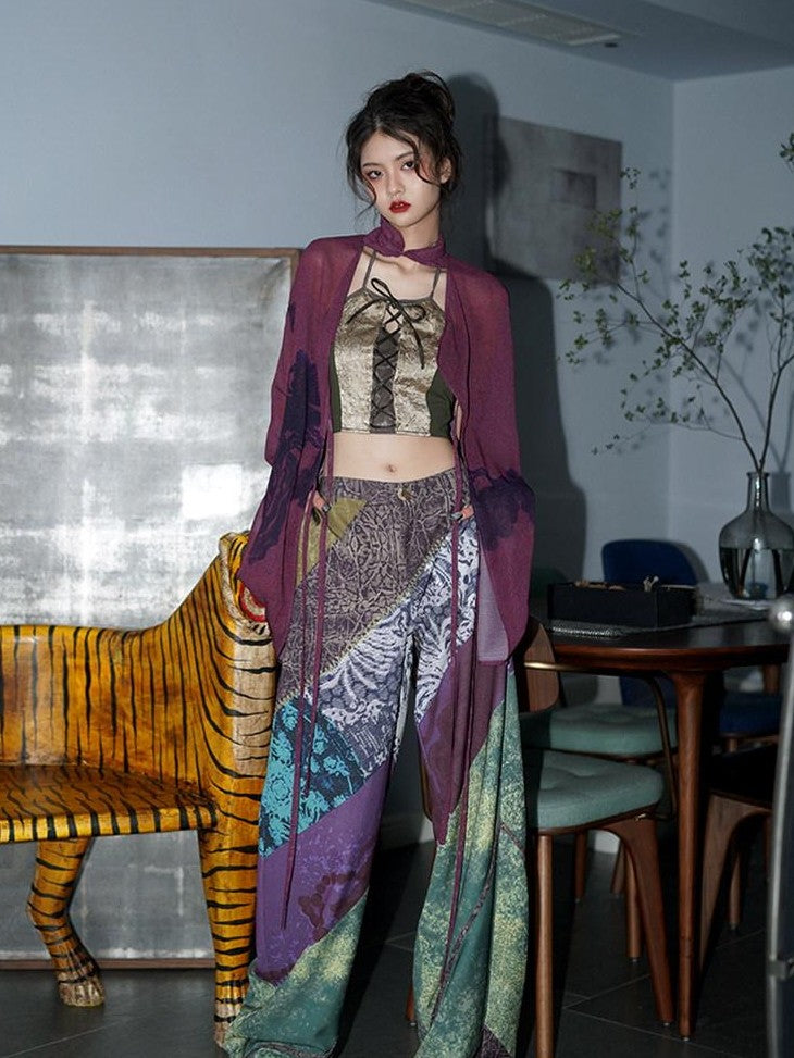 badtaste Lilac Chinese Print Tie Convertible Loose Women's Chiffon Sheer Shirts