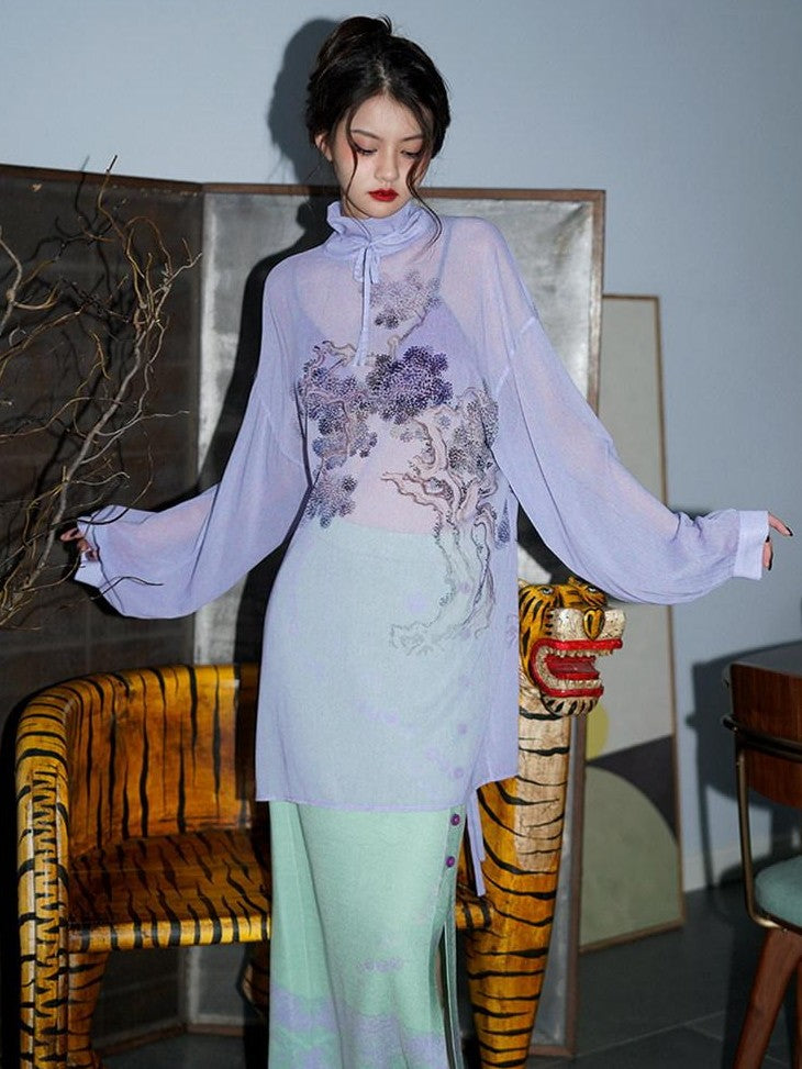 badtaste Lilac Chinese Print Tie Convertible Loose Women's Chiffon Sheer Shirts