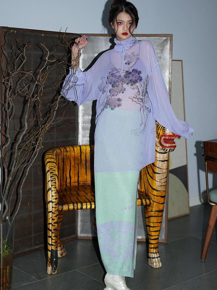 badtaste Lilac Chinese Print Tie Convertible Loose Women's Chiffon Sheer Shirts