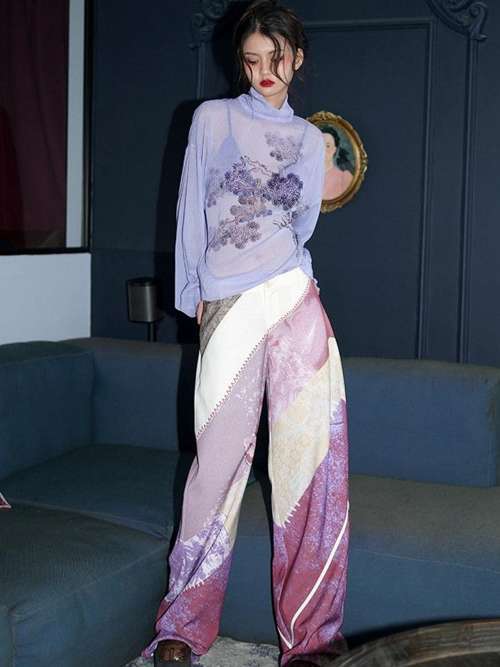 badtaste Lilac Chinese Print Tie Convertible Loose Women's Chiffon Sheer Shirts