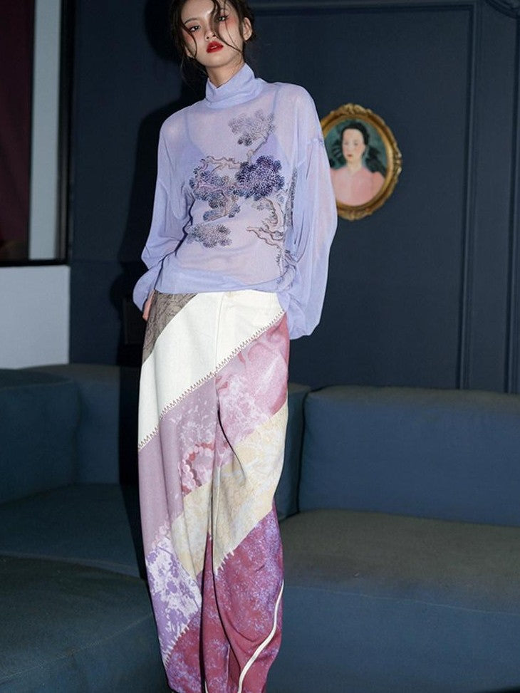 badtaste Lilac Chinese Print Tie Convertible Loose Women's Chiffon Sheer Shirts