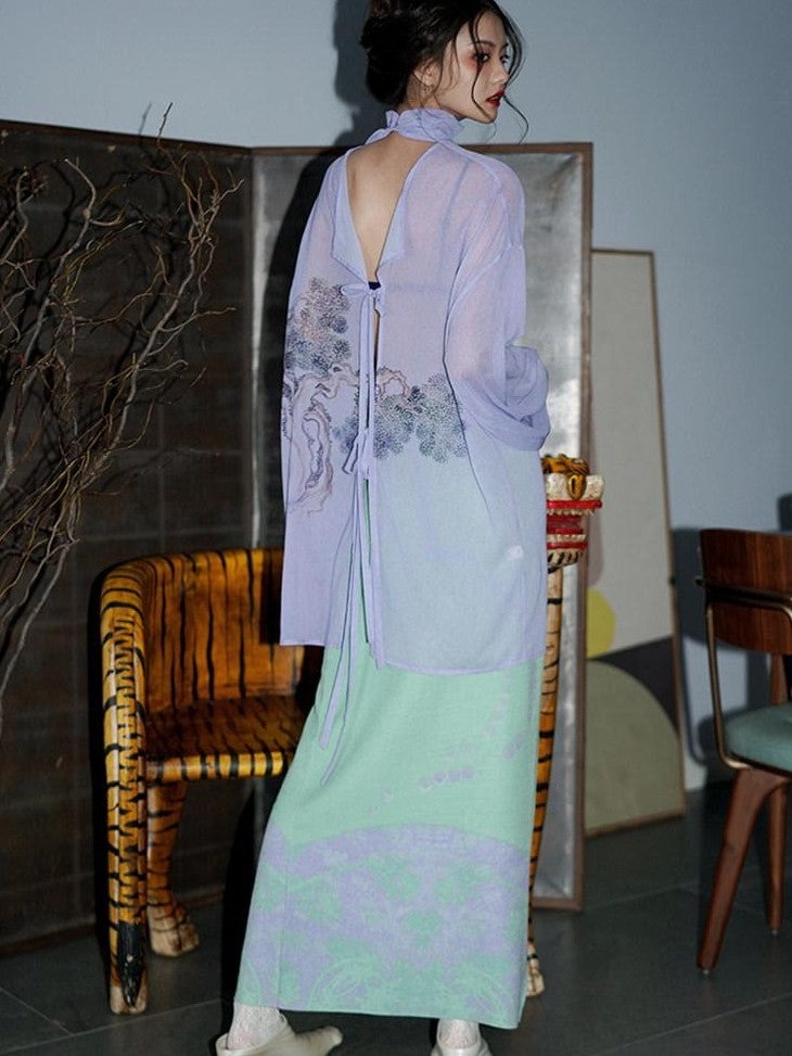 badtaste Lilac Chinese Print Tie Convertible Loose Women's Chiffon Sheer Shirts