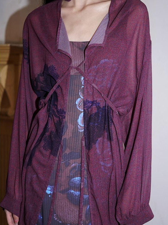 badtaste Lilac Chinese Print Tie Convertible Loose Women's Chiffon Sheer Shirts
