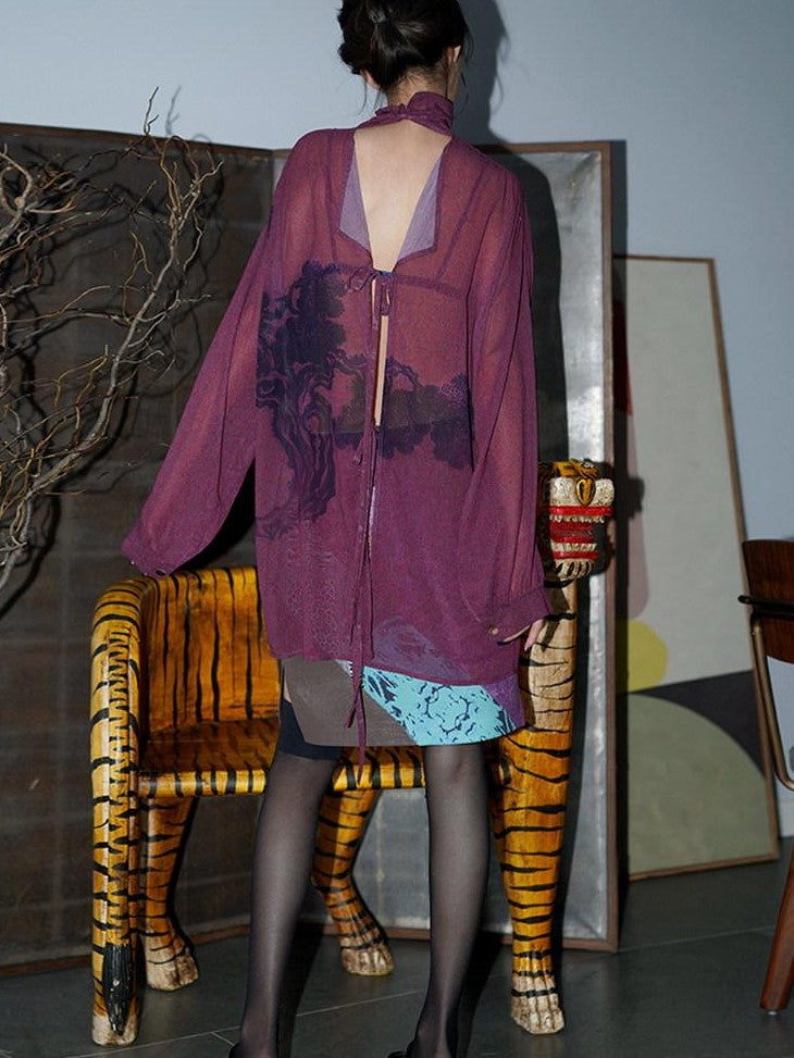 badtaste Lilac Chinese Print Tie Convertible Loose Women's Chiffon Sheer Shirts