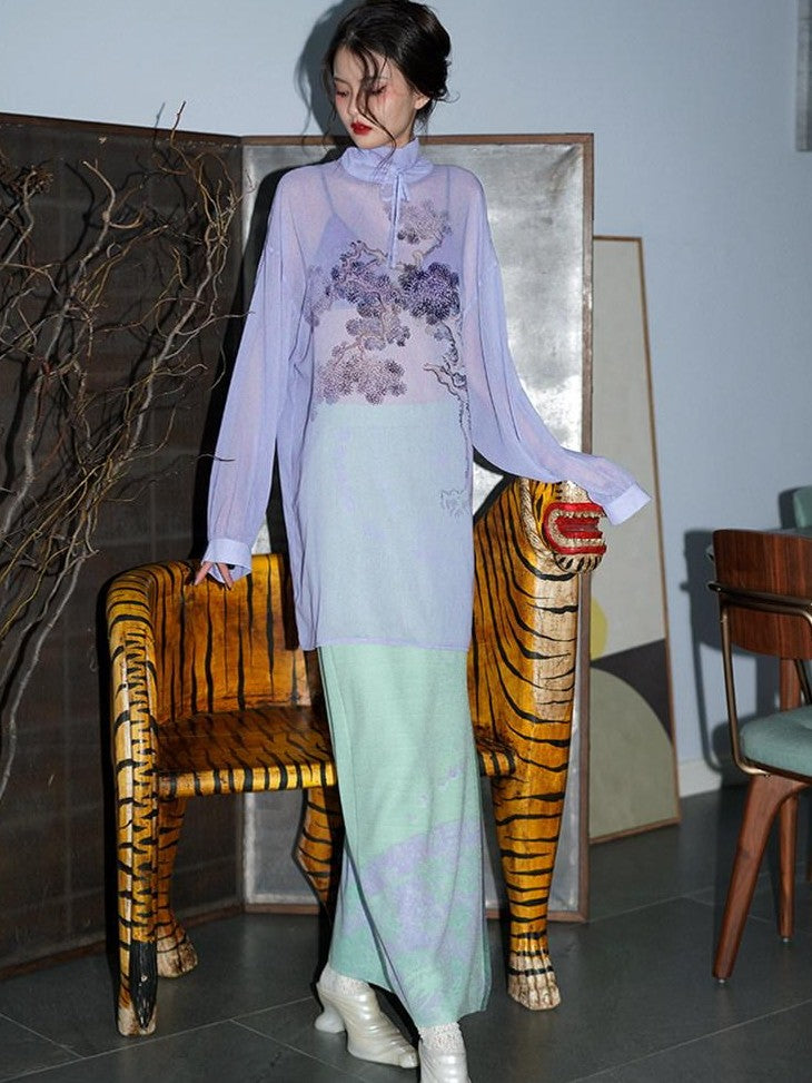 badtaste Lilac Chinese Print Tie Convertible Loose Women's Chiffon Sheer Shirts