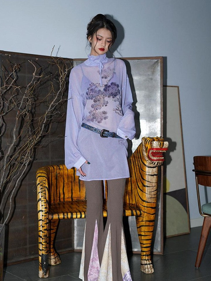 badtaste Lilac Chinese Print Tie Convertible Loose Women's Chiffon Sheer Shirts