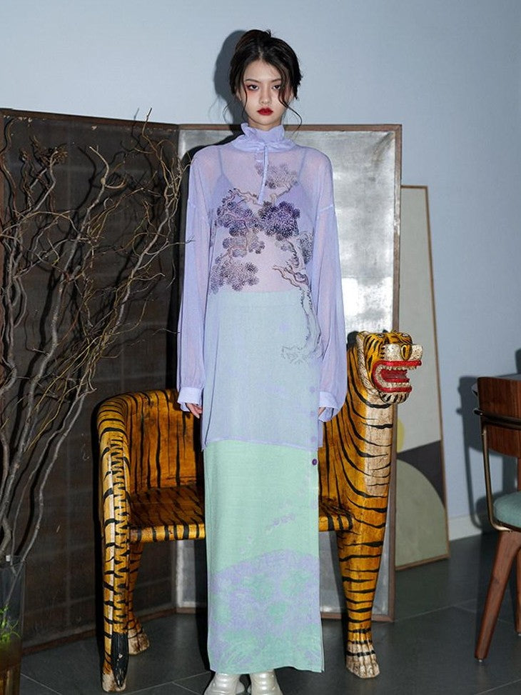 badtaste Lilac Chinese Print Tie Convertible Loose Women's Chiffon Sheer Shirts