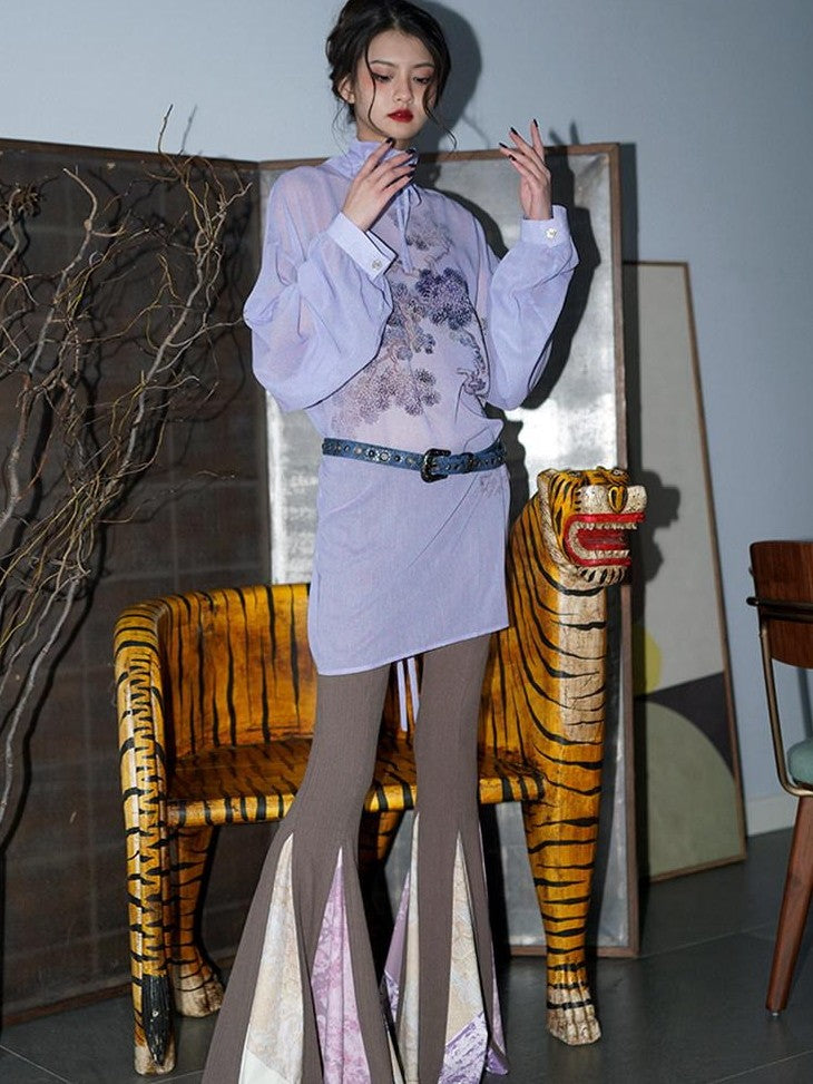 badtaste Lilac Chinese Print Tie Convertible Loose Women's Chiffon Sheer Shirts