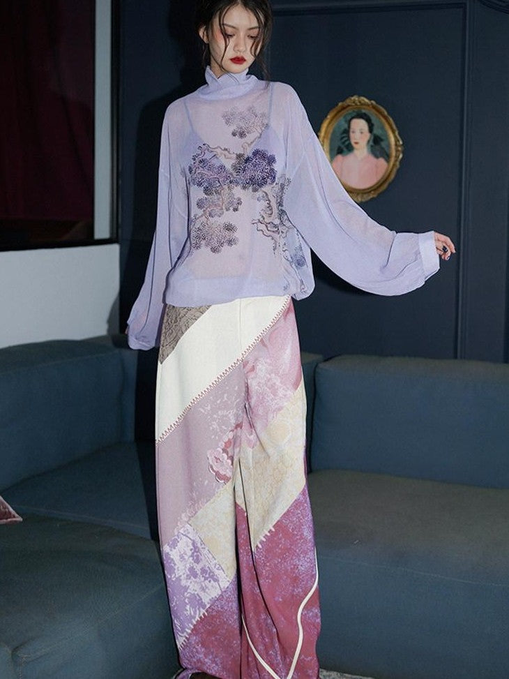 badtaste Lilac Chinese Print Tie Convertible Loose Women's Chiffon Sheer Shirts