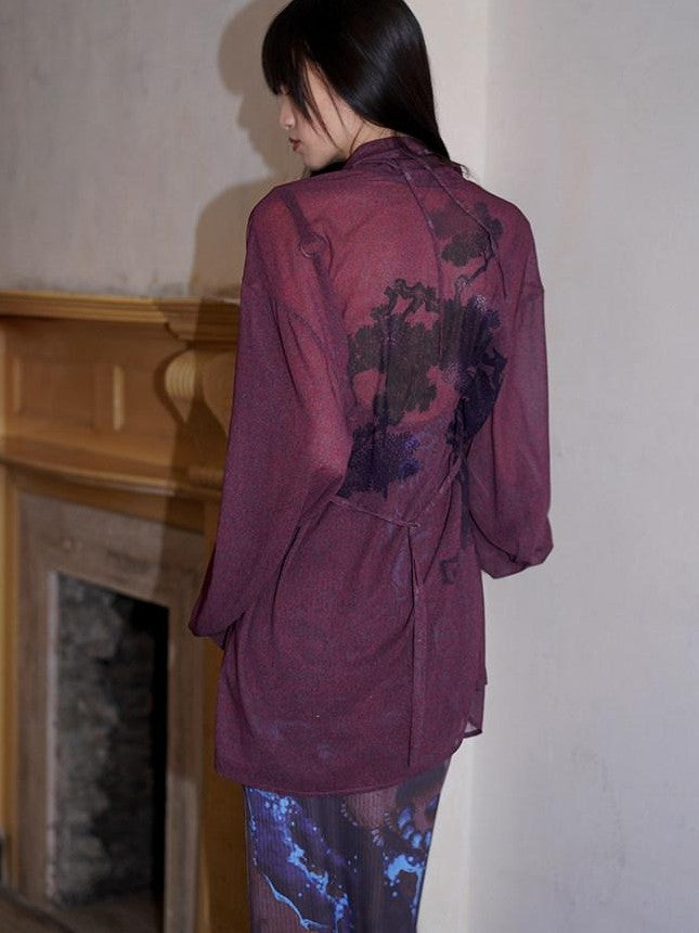 badtaste Lilac Chinese Print Tie Convertible Loose Women's Chiffon Sheer Shirts