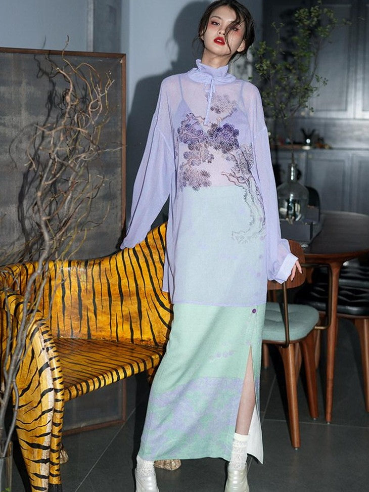 badtaste Lilac Chinese Print Tie Convertible Loose Women's Chiffon Sheer Shirts
