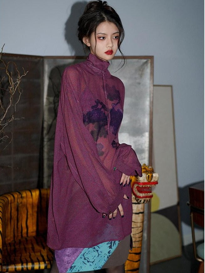 badtaste Lilac Chinese Print Tie Convertible Loose Women's Chiffon Sheer Shirts