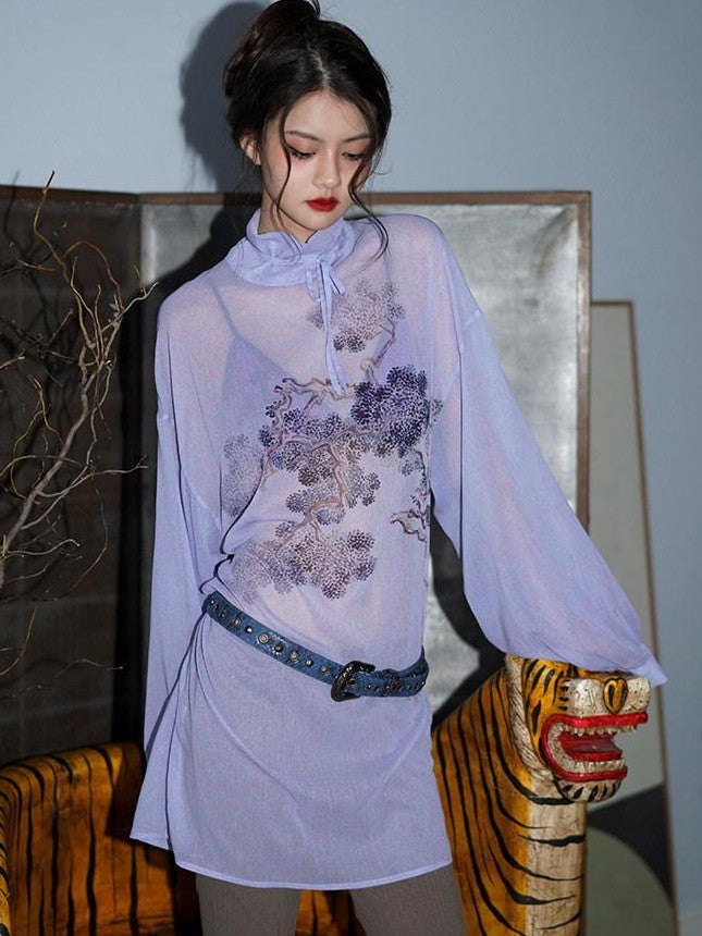 badtaste Lilac Chinese Print Tie Convertible Loose Women's Chiffon Sheer Shirts