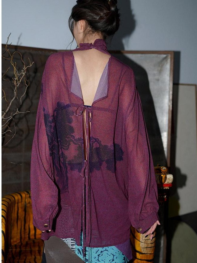 badtaste Lilac Chinese Print Tie Convertible Loose Women's Chiffon Sheer Shirts