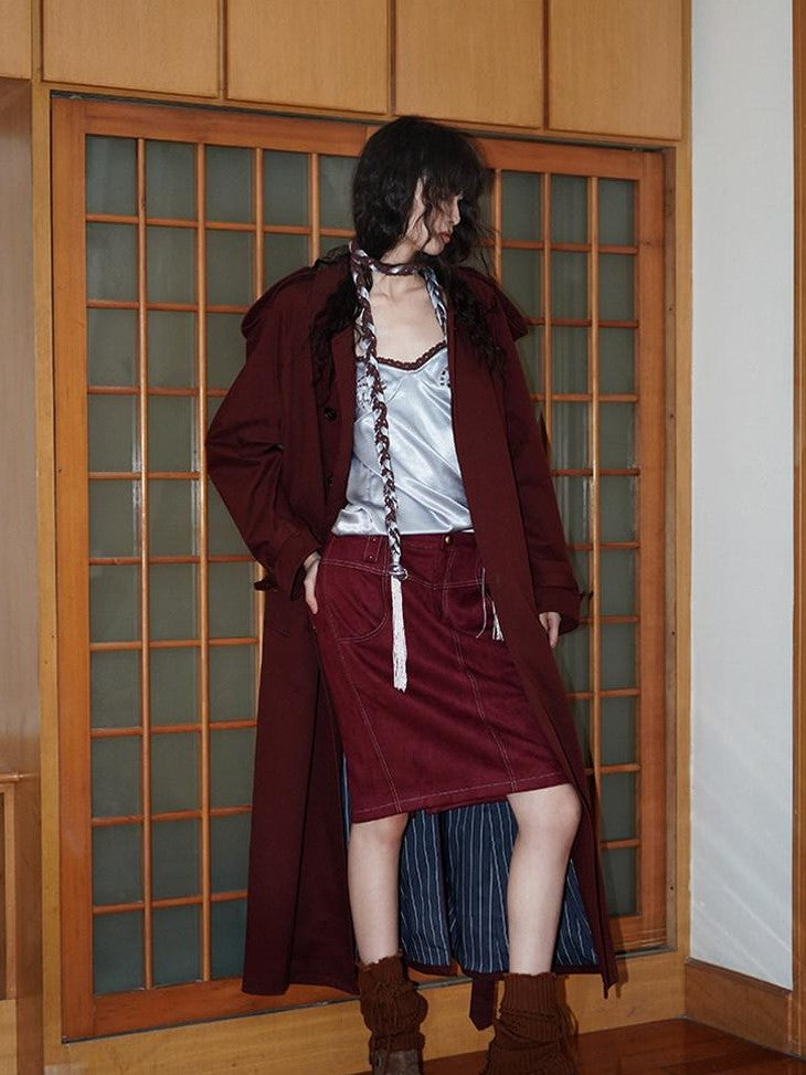 badtaste Longline Western Vintage British Women's Other Material Trench Coats