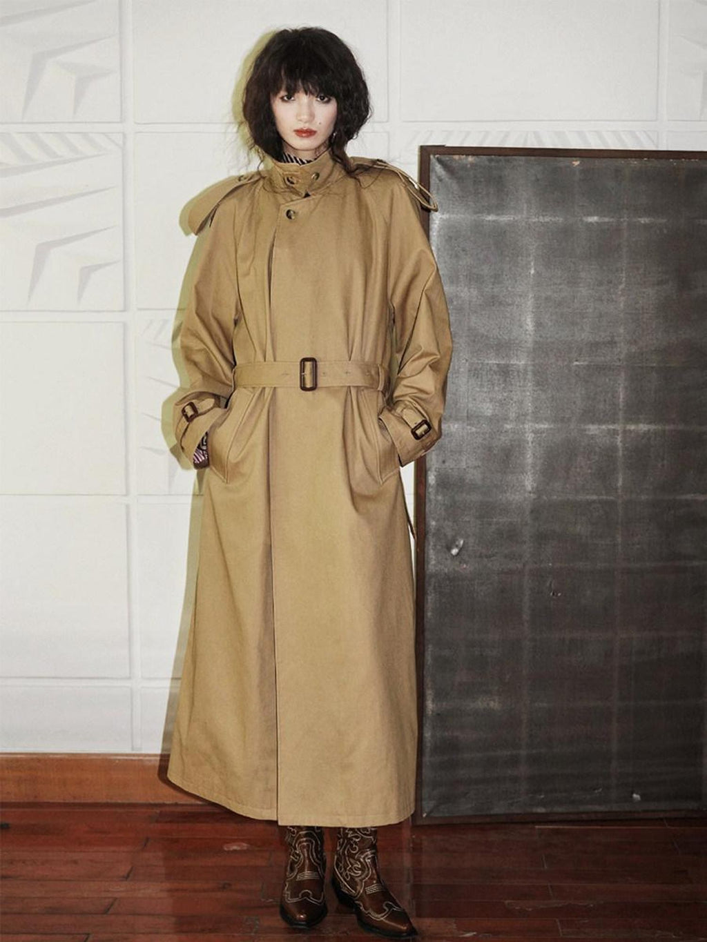 badtaste Longline Western Vintage British Women's Other Material Trench Coats
