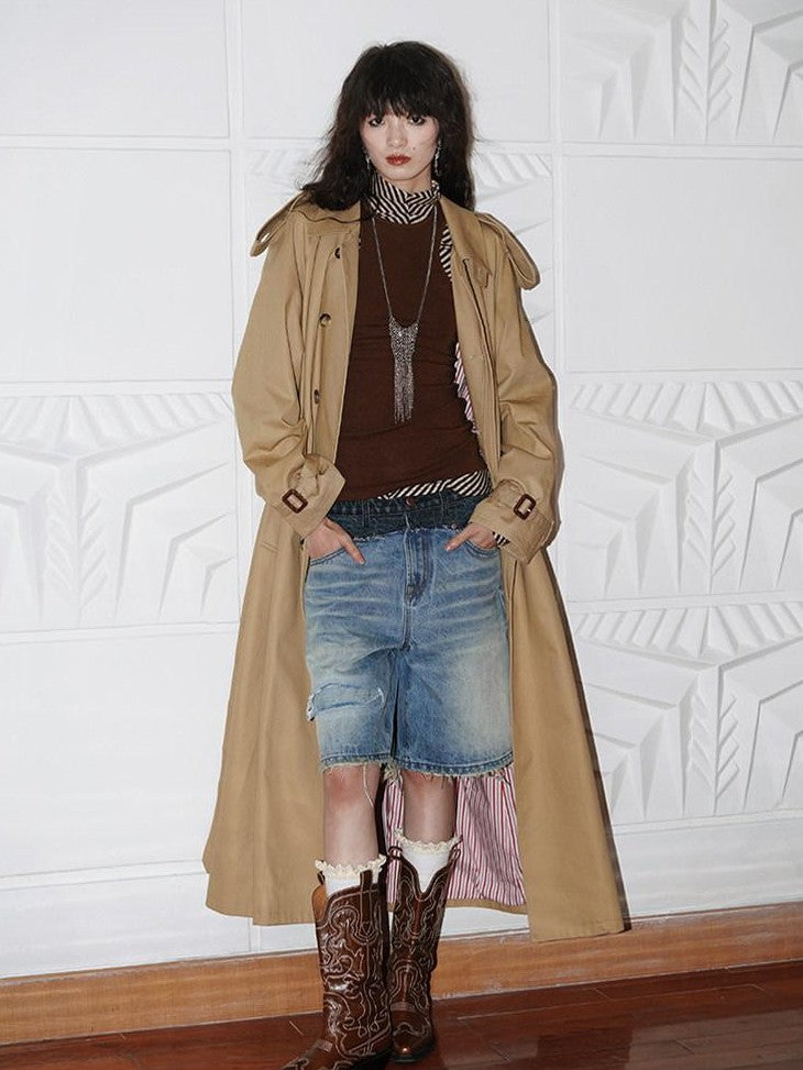 badtaste Longline Western Vintage British Women's Other Material Trench Coats